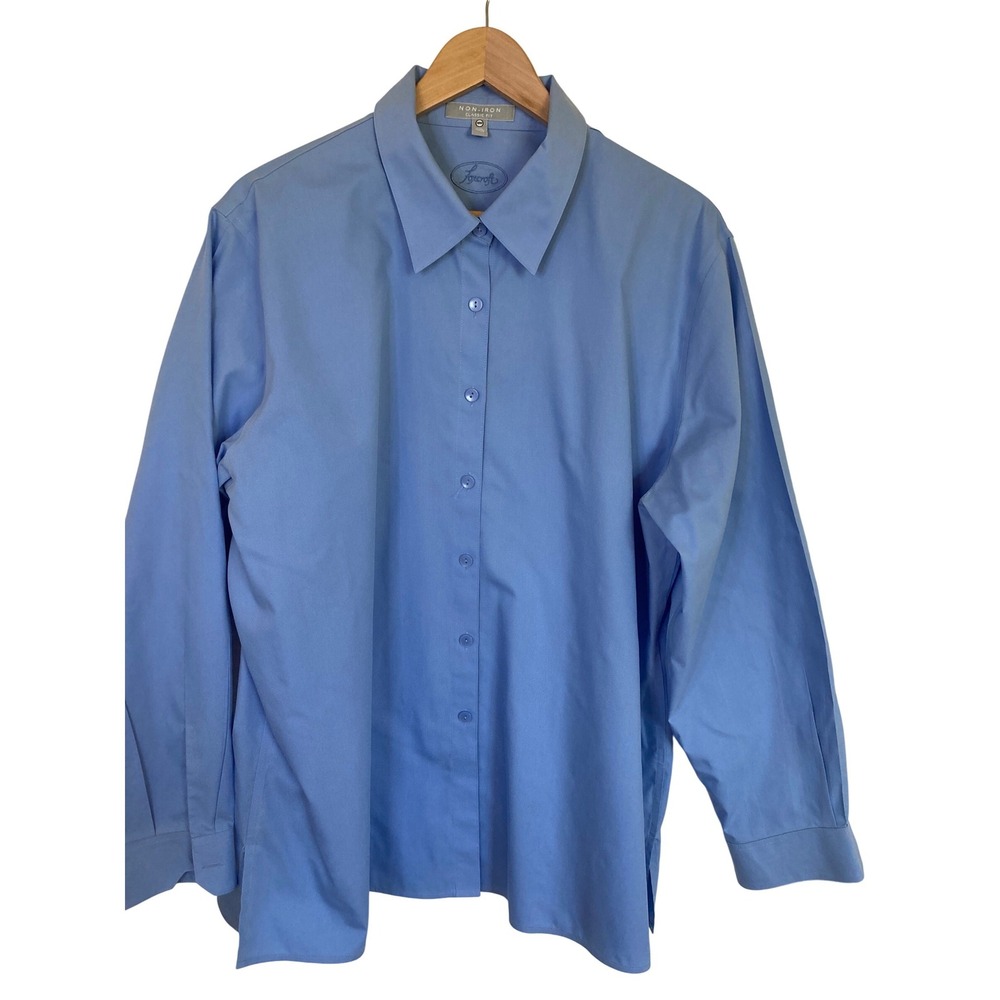 Foxcroft Womens 18W Blue Non-Iron Classic Fit Cotton Button Down Shirt Blouse
